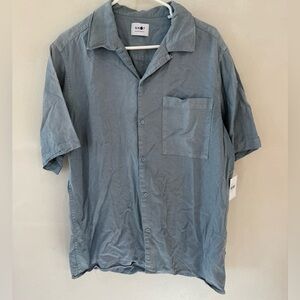 $175 NNO7 No Nationality T Top Shirt Mens Large Blue Button Up Short Sleeve Flaw